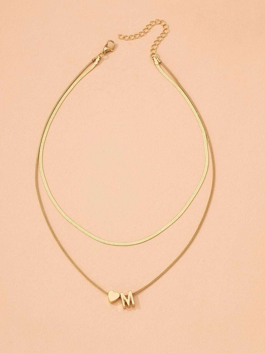 Colar Duplo Elegante – Corrente Lisa com Coração e Letra
