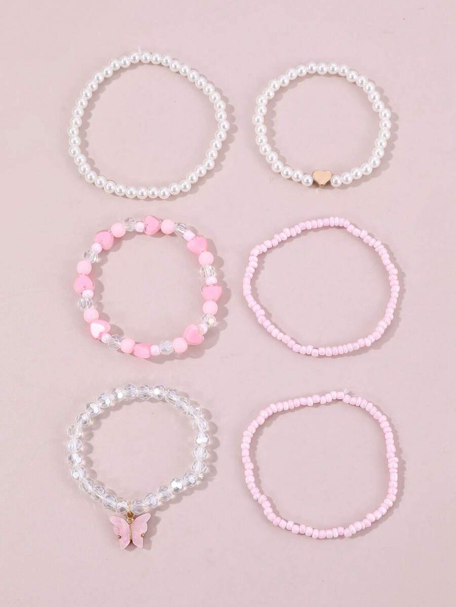 Kit 6 Pulseiras Femininas – Pérola, Contas, Coração e Borbo